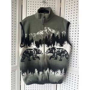 Alaska Made In USA Fleece Zip Up Vest Adult Lg/XL Bear Mountain Scene Green